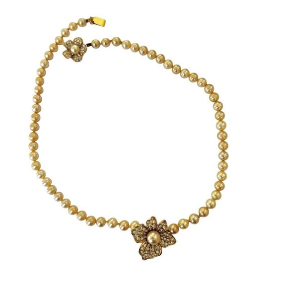 Vintage Attwood & Sawyer (A&S) Faux Pearl Necklace with Rhinestone Flower Clasp - Picture 5 of 12